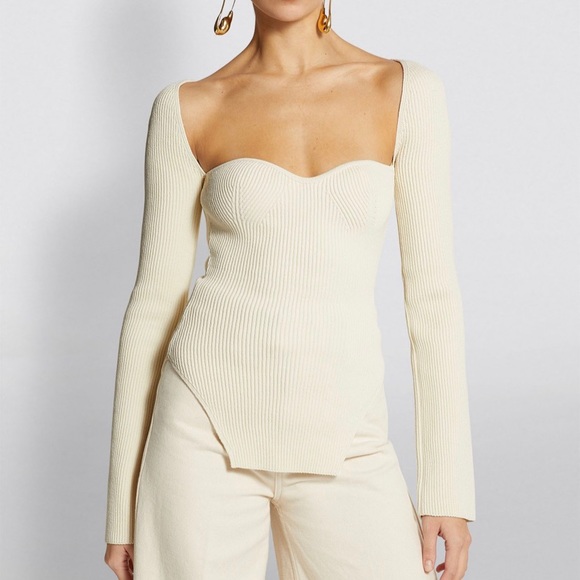 KHAITE Maddy Ivory Ribbed Sweetheart Neckline Top - Picture 3 of 9